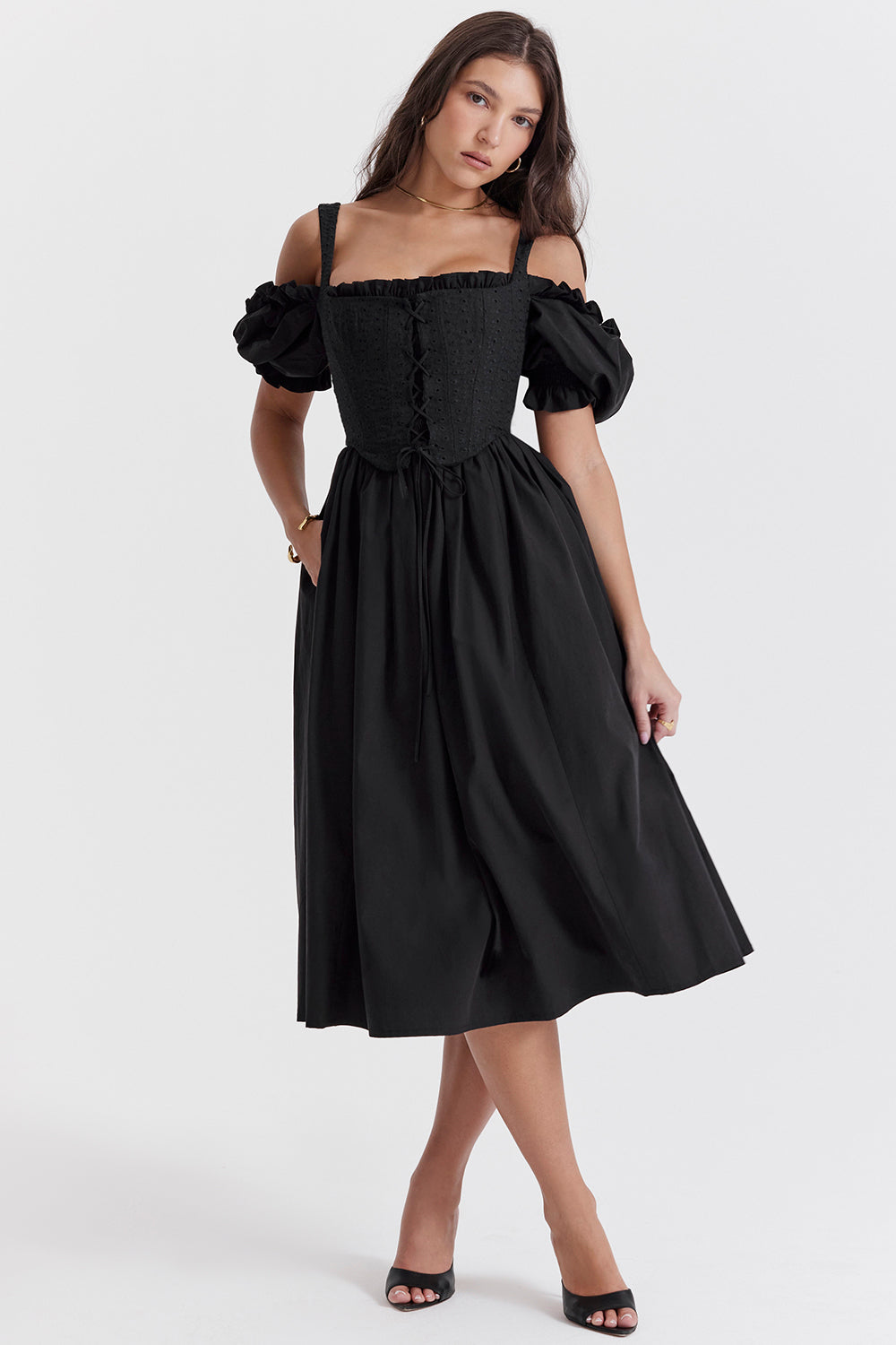 Black midi sundress with puff sleeves