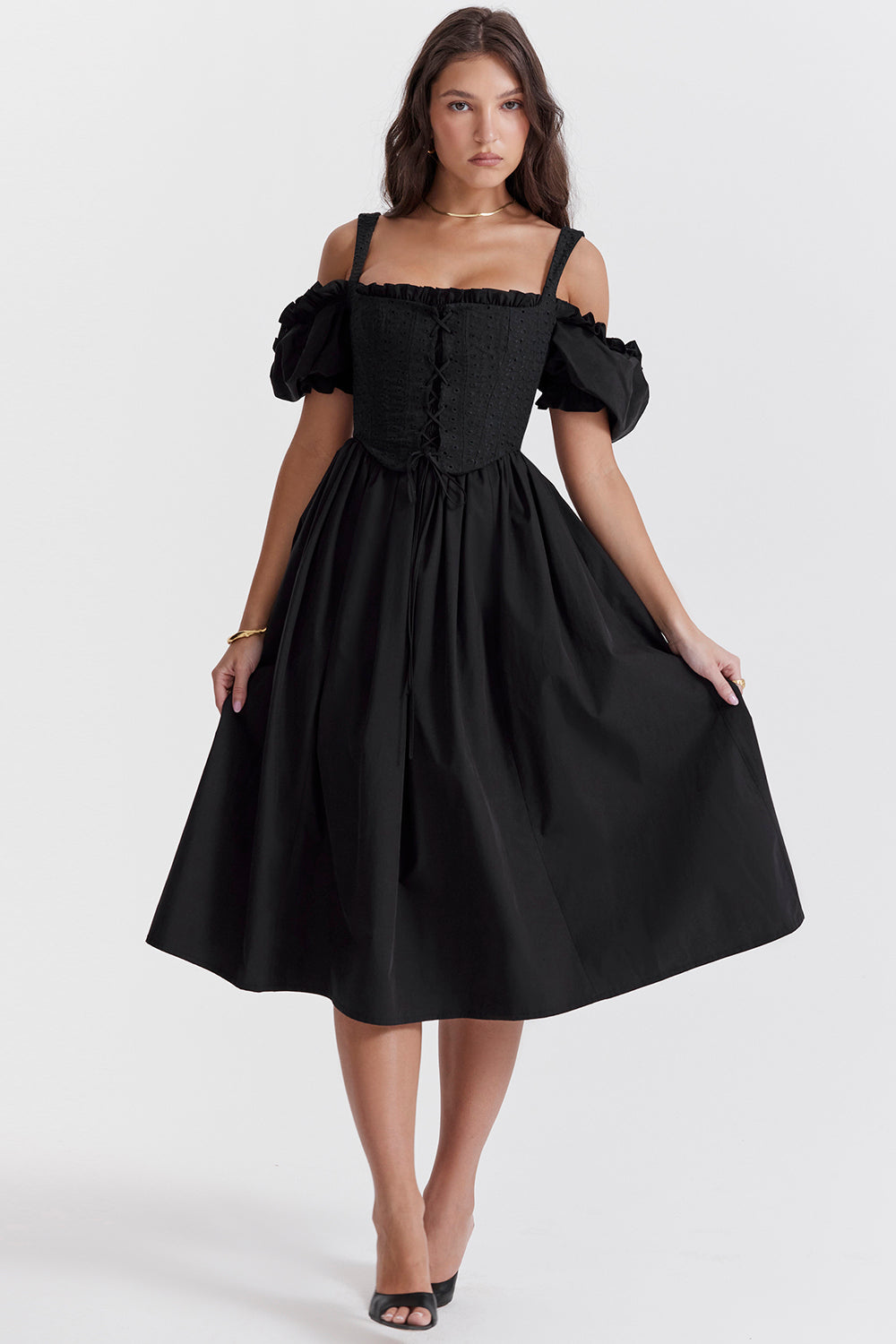 Black midi sundress with puff sleeves