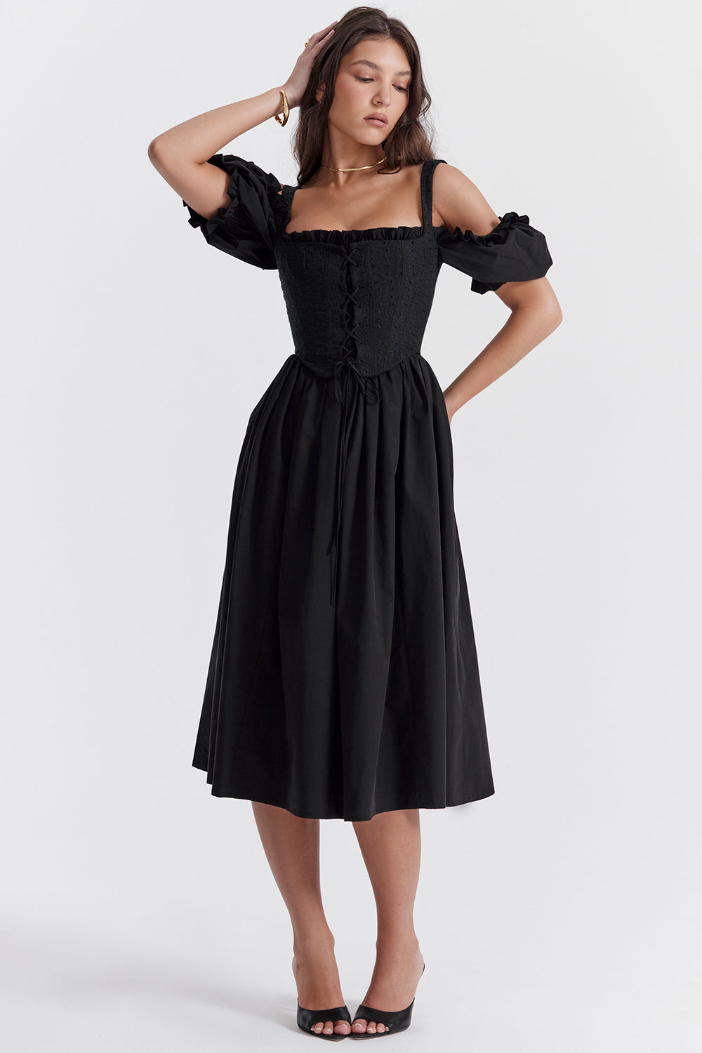 Black midi sundress with puff sleeves