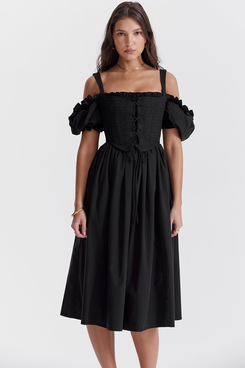 Black midi sundress with puff sleeves