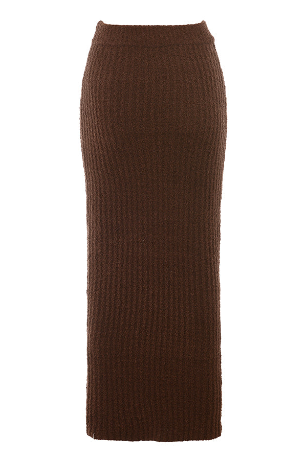 Chocolate soft bouclé knitted top with cotton maxi skirt