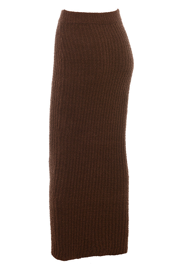 Chocolate soft bouclé knitted top with cotton maxi skirt