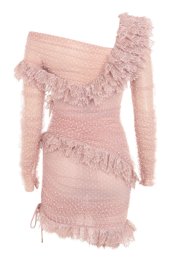 Blushing mini dress with lace ruffles