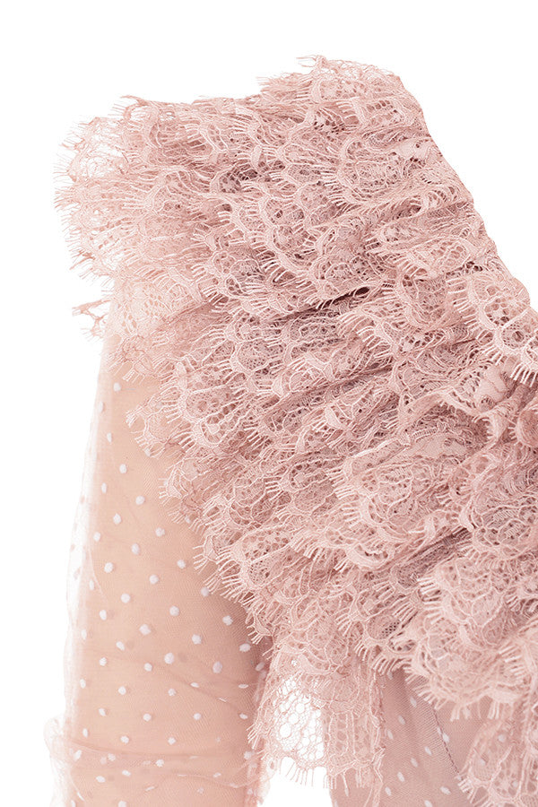 Blushing mini dress with lace ruffles