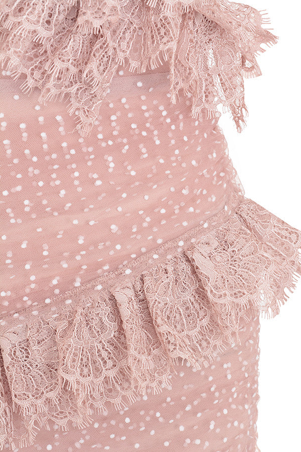 Blushing mini dress with lace ruffles