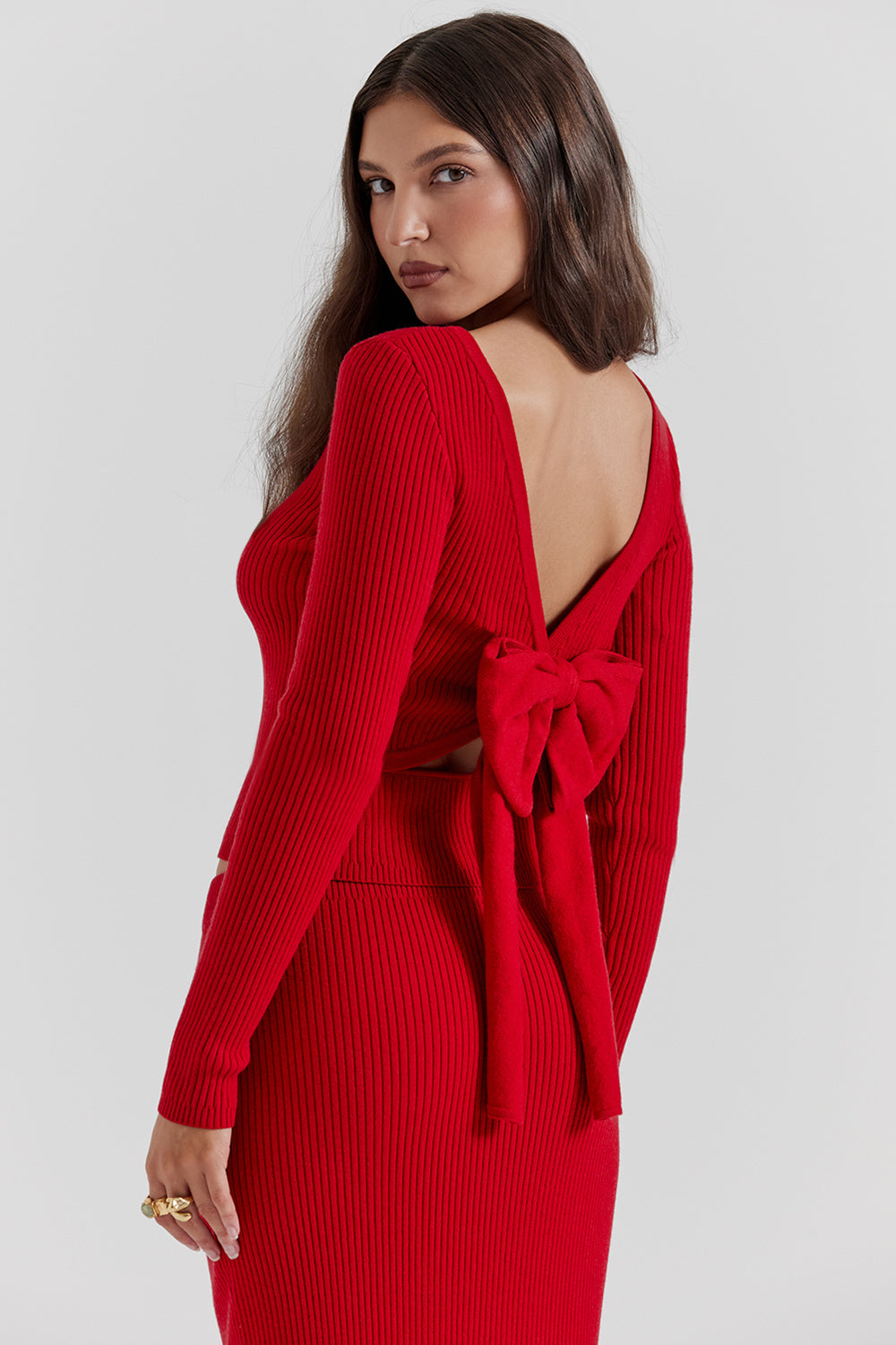 Scarlet red cashmere mix sweater with bow