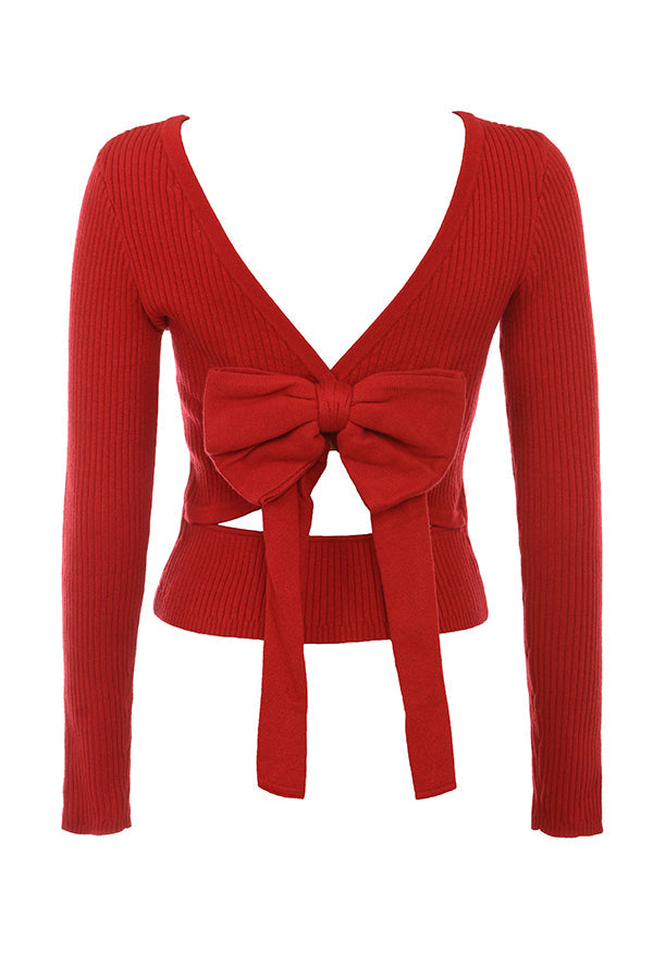 Scarlet red cashmere mix sweater with bow