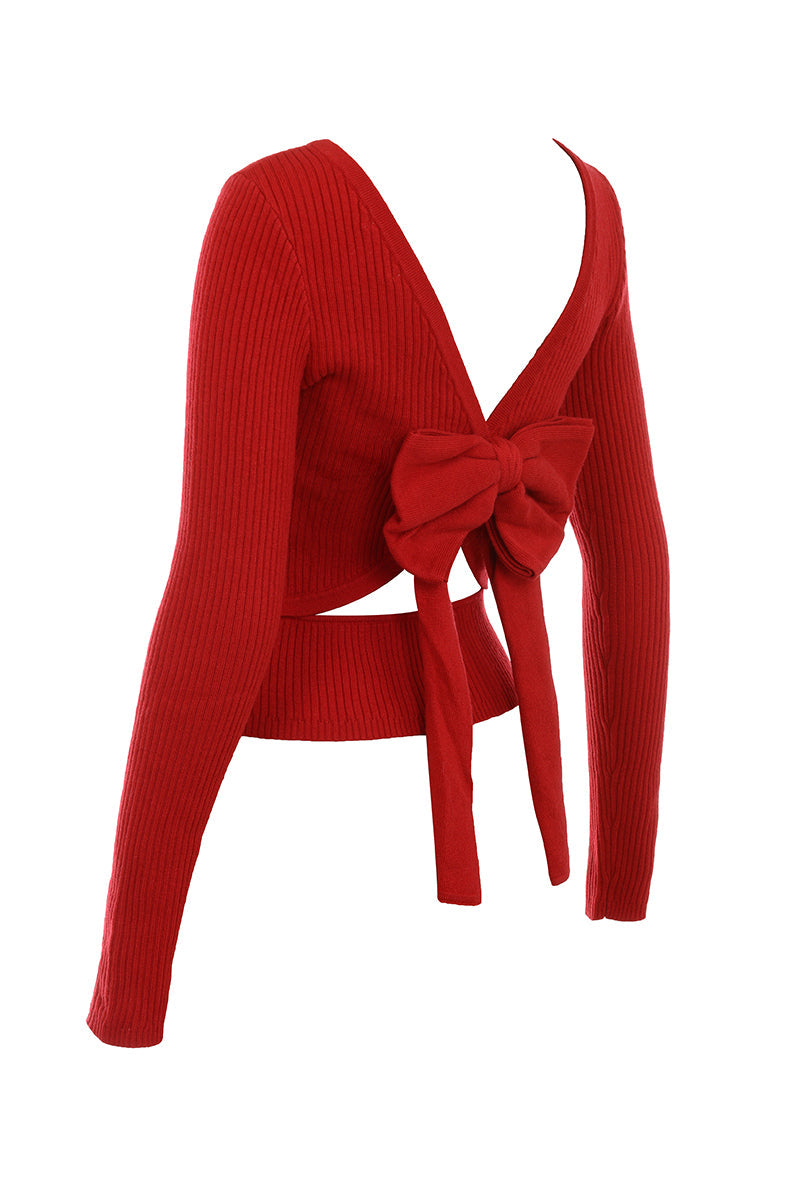 Scarlet red cashmere mix sweater with bow