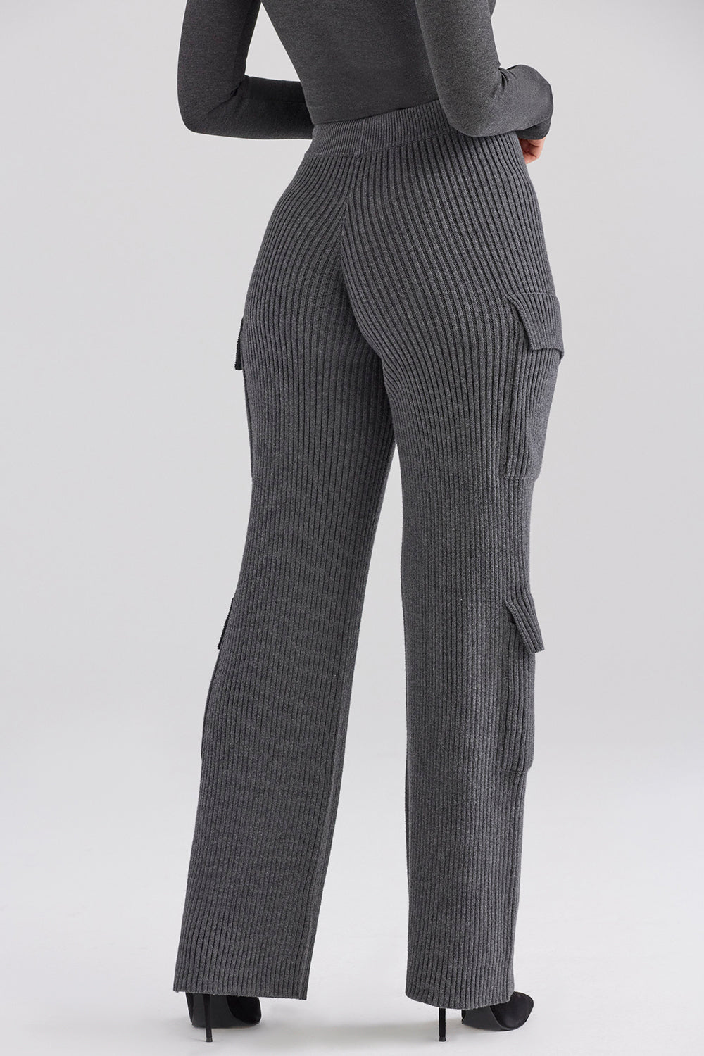 Dark gray bodysuit with anthracite ribbed cargo pants