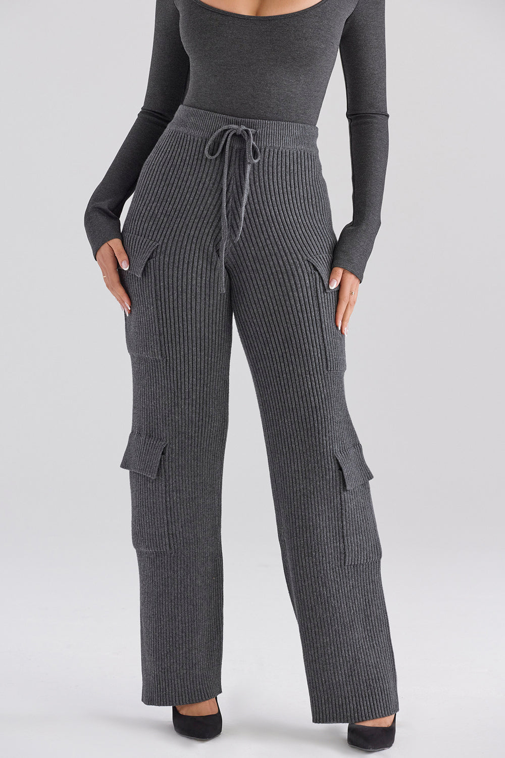 Dark gray bodysuit with anthracite ribbed cargo pants