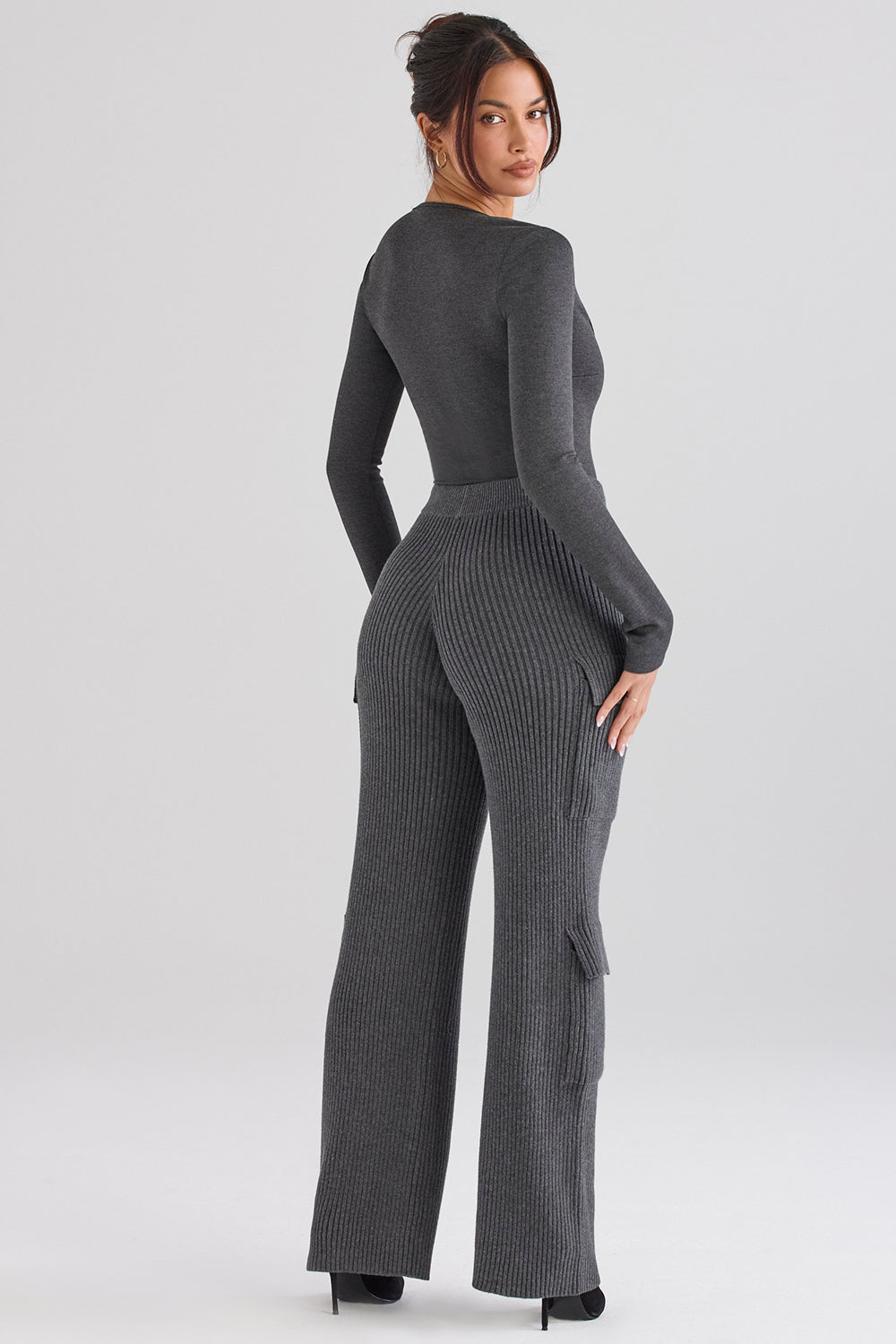 Dark gray bodysuit with anthracite ribbed cargo pants