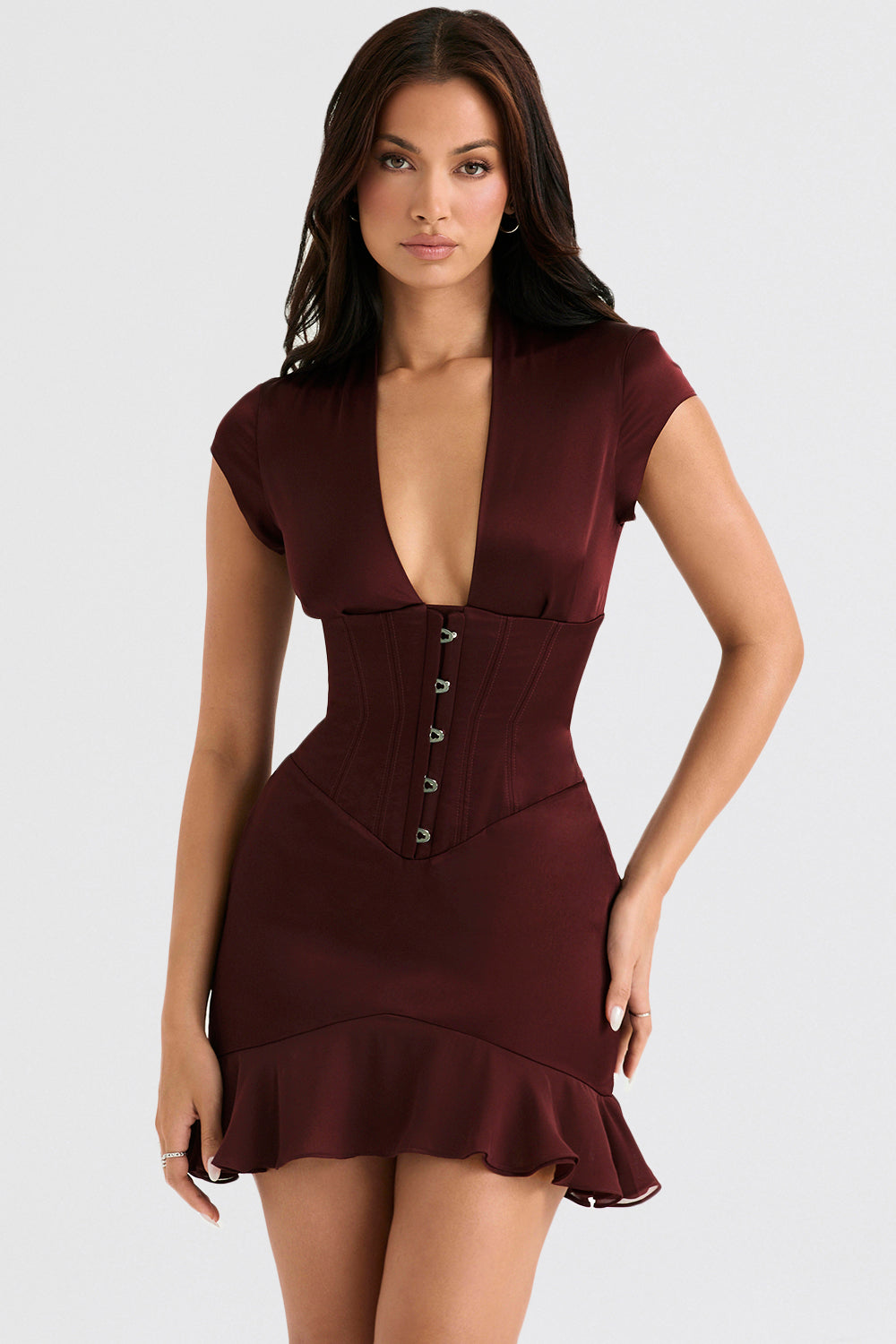 Wine red corset dress with ruffles