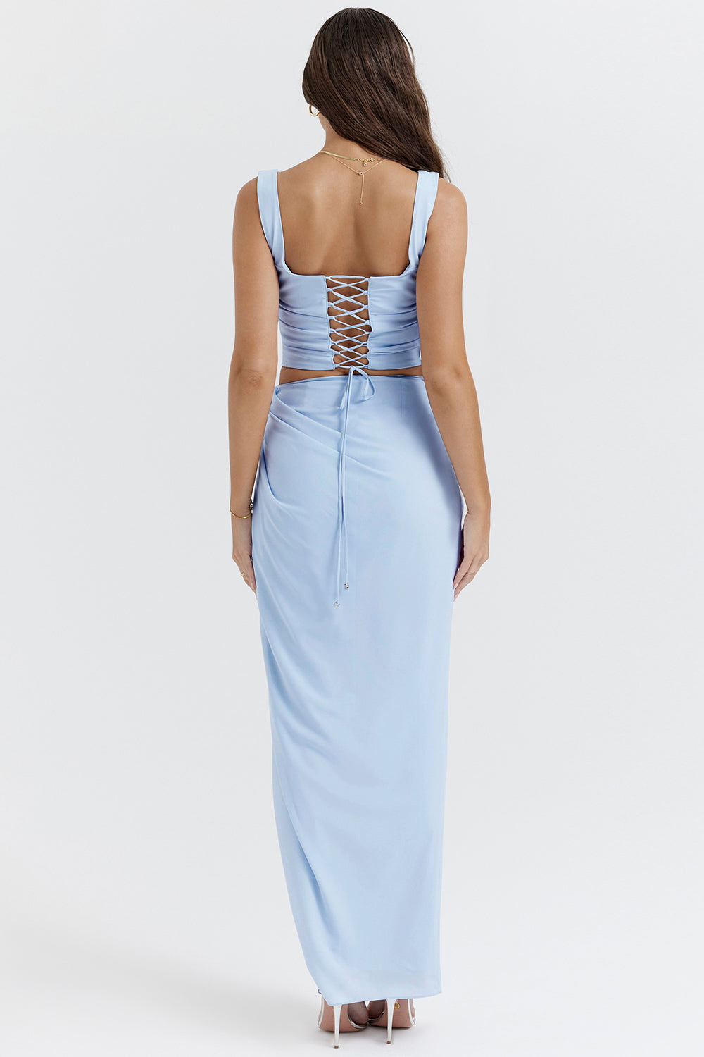 Soft blue corset with maxi skirt