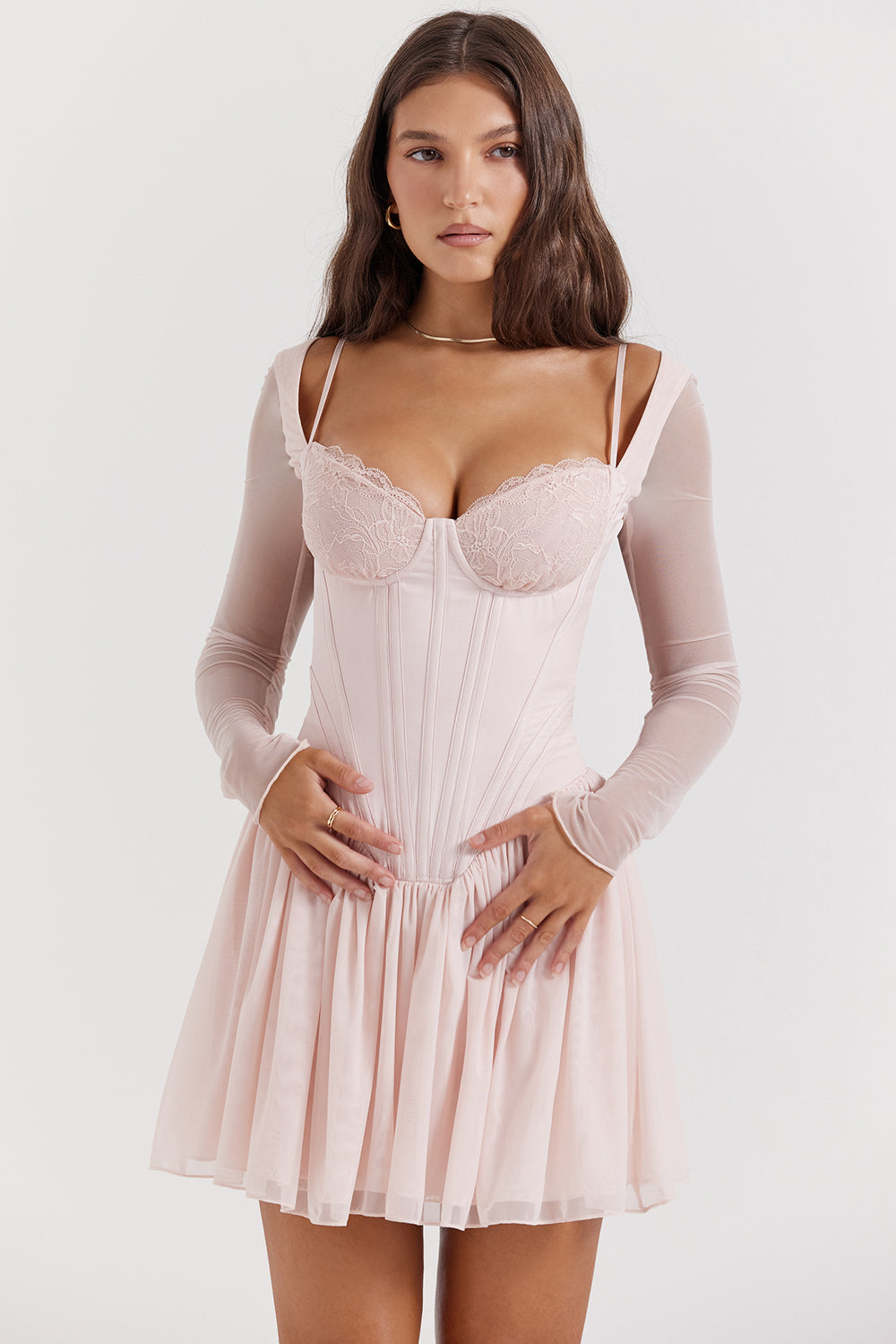 Soft peach colored corset mini dress