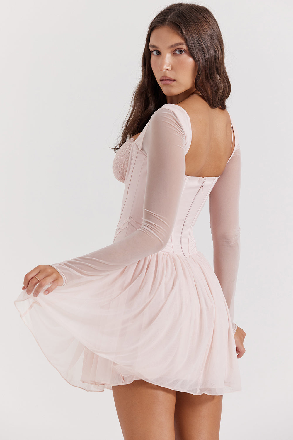 Soft peach colored corset mini dress