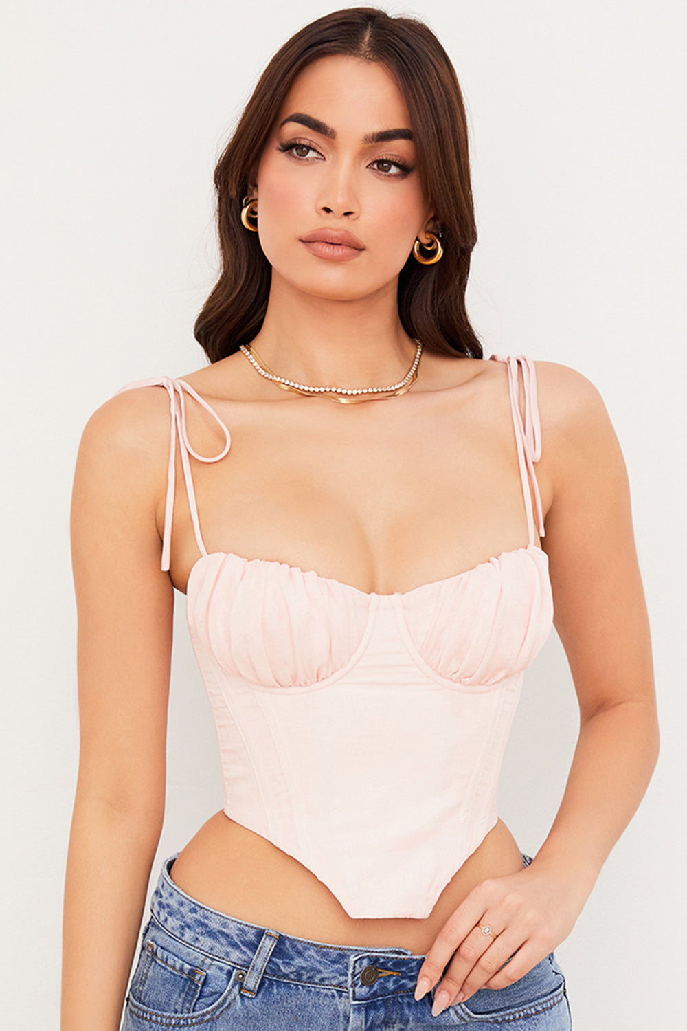 Baby pink cropped corset with pleated chiffon bust