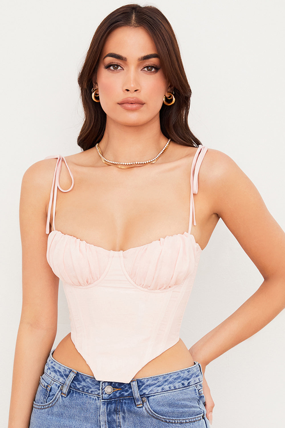 Baby pink cropped corset with pleated chiffon bust