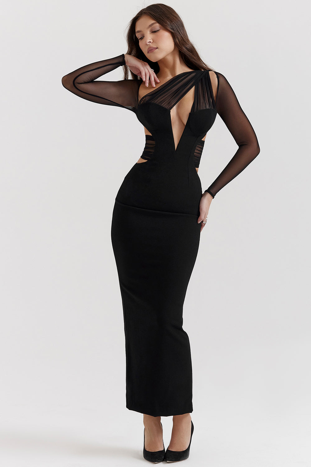 Black maxi dress with deep cut